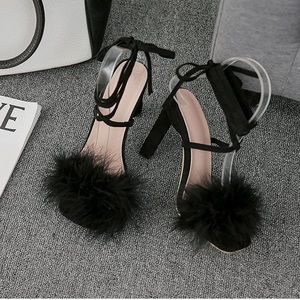 YIBLBOX Women's Open Toe Sandal Fluffy Feather Lace Up Strappy High Heel Shoes
